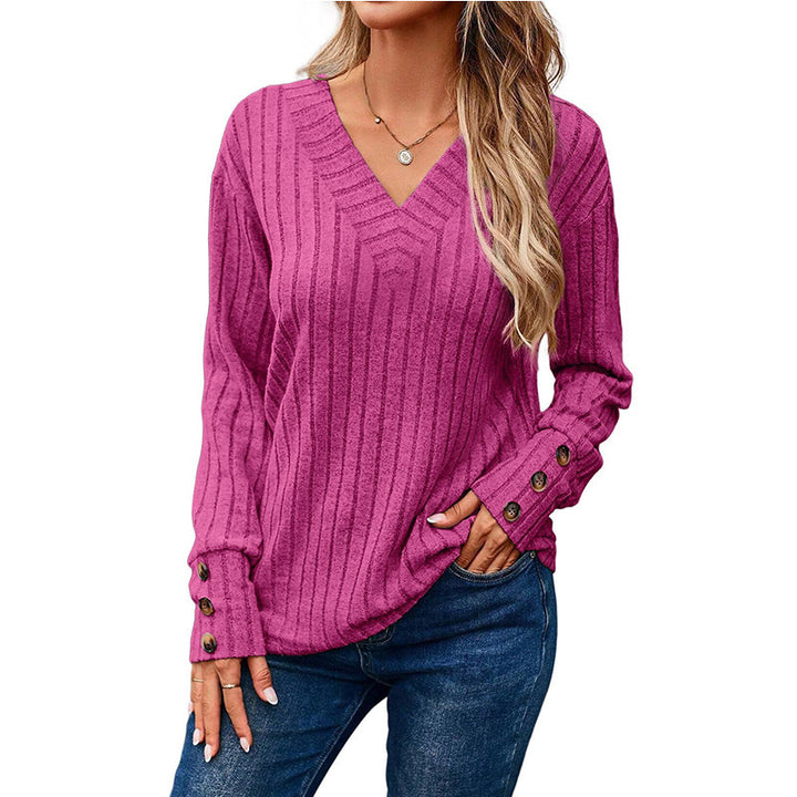 Damen lässiger V-Ausschnitt Pullover mit strukturiertem Rippdesign und eleganten Knopfdetails Drune