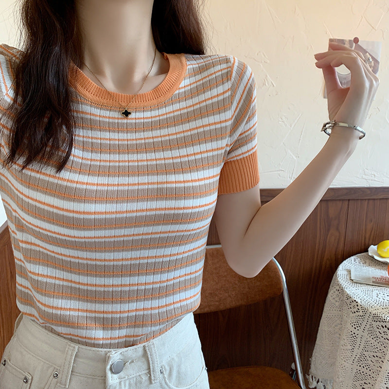 Damen Kurzarm Shirt mit modischem Streifenmuster und elastischem Saum Drune