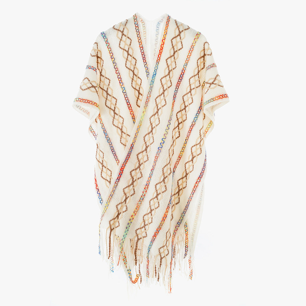 Damen Gewebter Fransenponcho mit V‑Ausschnitt und buntem Reliefjacquard Drune