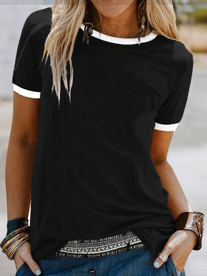 Damen lässiges T-Shirt mit kontrastierendem Rundhalsausschnitt und bequemer Passform Drune