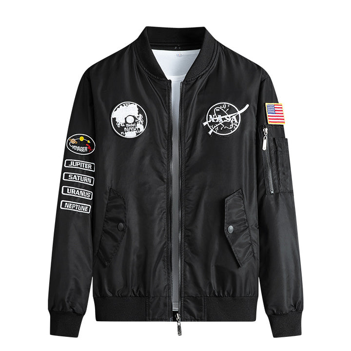 Herren  leichte Mikroschalen-Mission-Patch-Flug-Bomberjacke mit schrägen Klappentaschen und Ärmelreißverschluss Drune