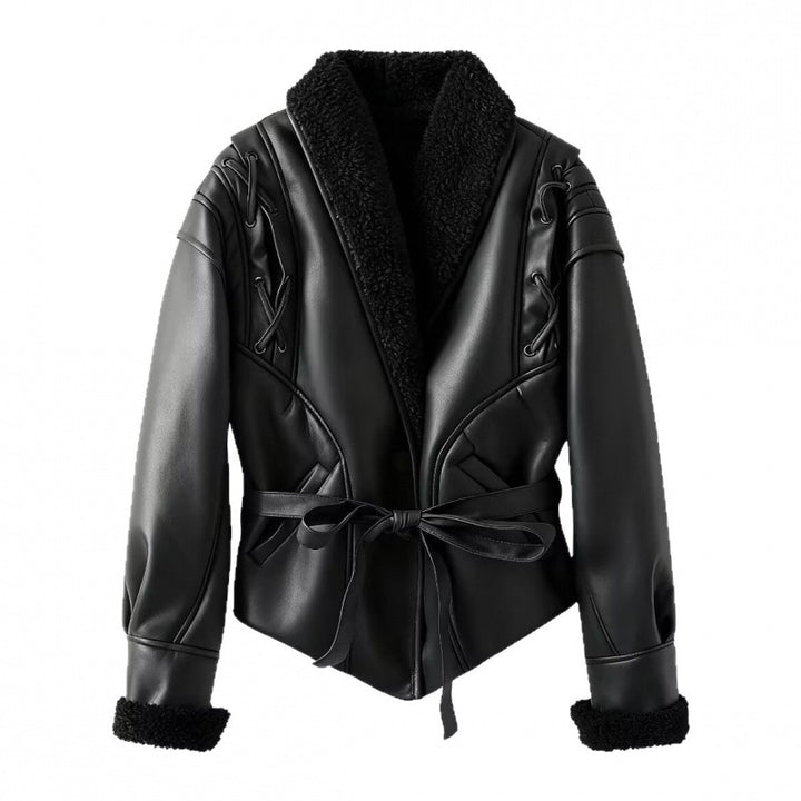 Damen Kunstlederjacke mit warmem Teddyfutter und eleganten Schnürdetails Drune