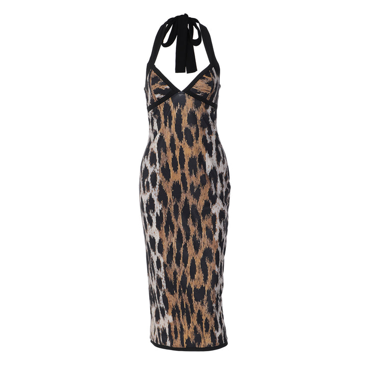 Damen Rockabilly Kleid mit Halterneck-Design und trendigem Animalprint Drune