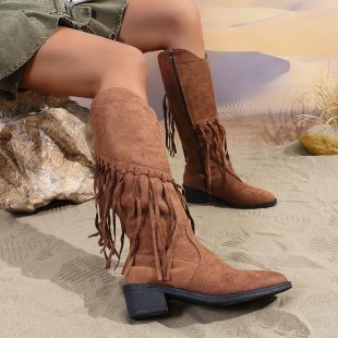 Damen Fransen-Cowboy-Stiefel aus Veloursleder mit spitzer Zehenkappe und seitlichem Reißverschluss Drune