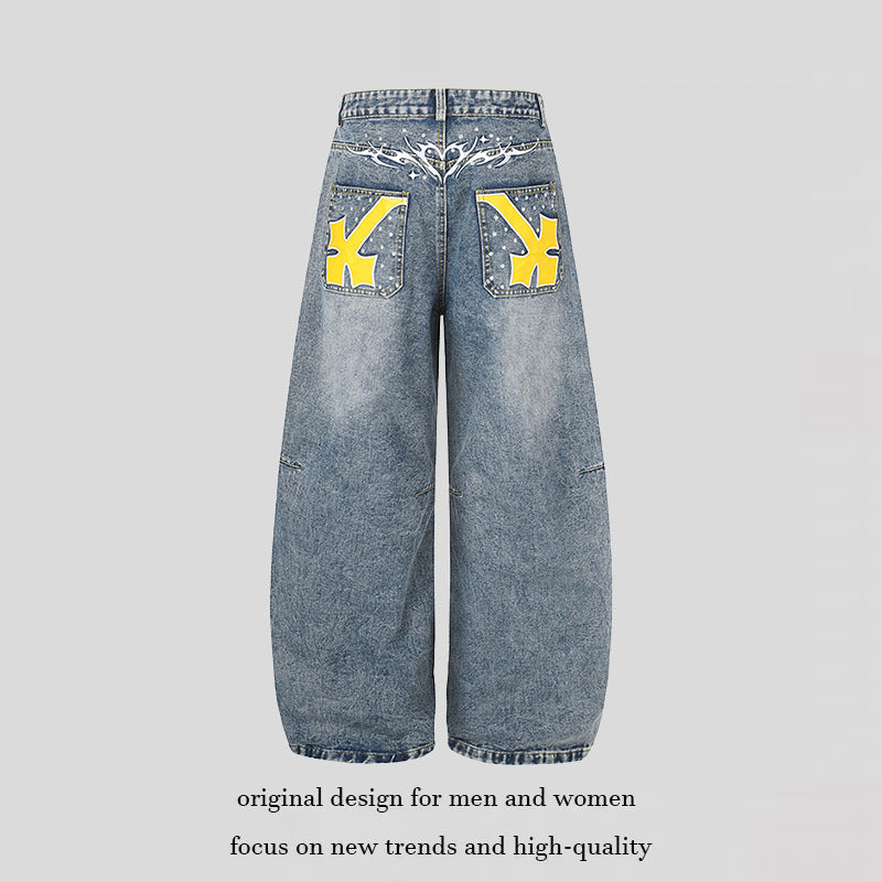 Damen Extraweite High‑Waist Palazzo-Jeans mit verzierten Gesäßtaschen Drune