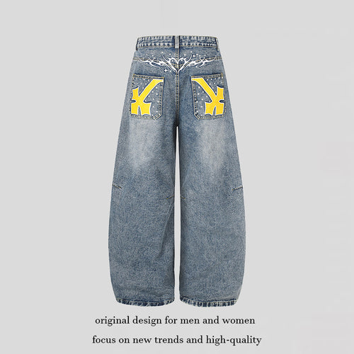 Damen Extraweite High‑Waist Palazzo-Jeans mit verzierten Gesäßtaschen Drune