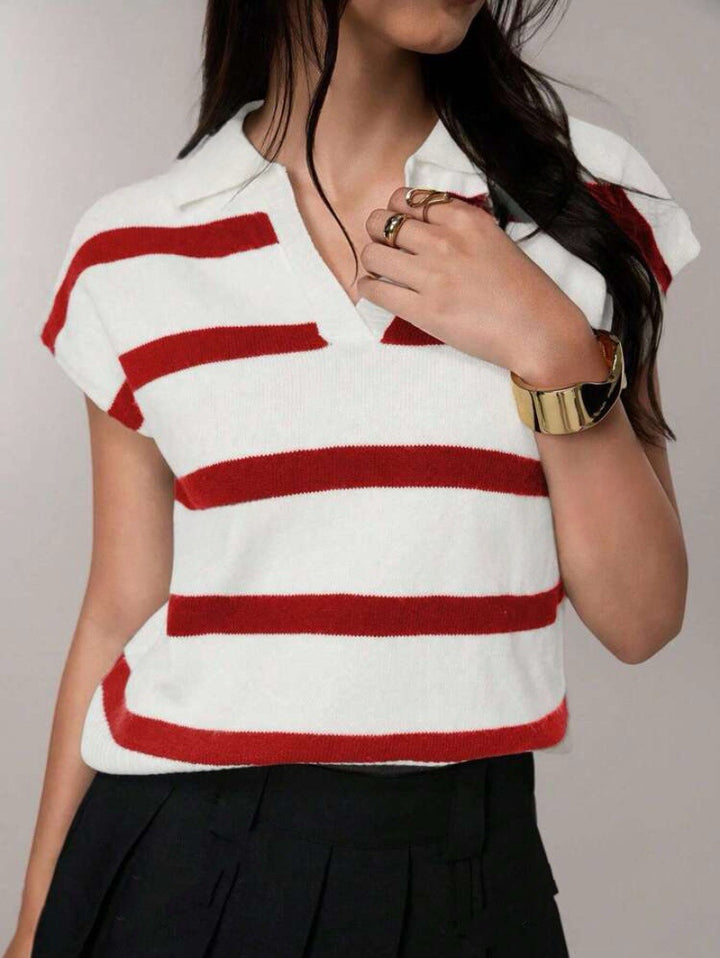 Damen Gestreiftes Kurzarm-Stricktop mit V-Kragen und überschnittener Schulter Drune