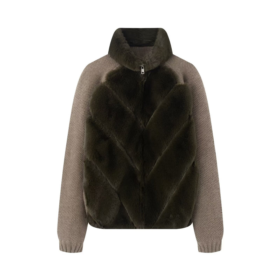 Damen Strickpullover-Jacke mit gesteppter Faux-Fur-Front und hohem Stehkragen Drune