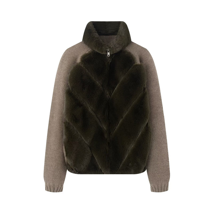 Damen Strickpullover-Jacke mit gesteppter Faux-Fur-Front und hohem Stehkragen Drune