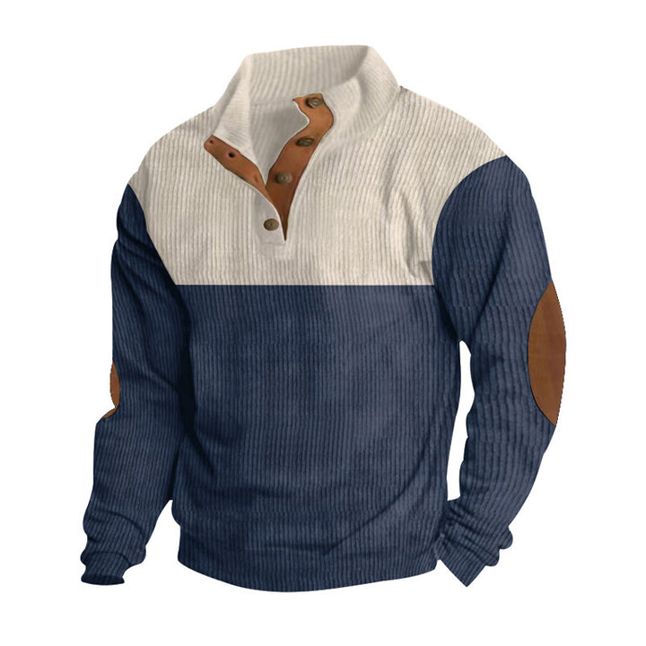 Herren nan grober Rippstrick-Pullover mit Stehkragen, Knopfleiste und markanten Ellenbogenpatches Drune