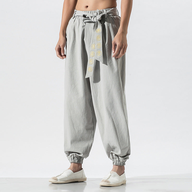Damen nan weite Leinenhose mit Tunnelzug Bund Bindedetail und elastischen Knöchelabschlüssen Drune