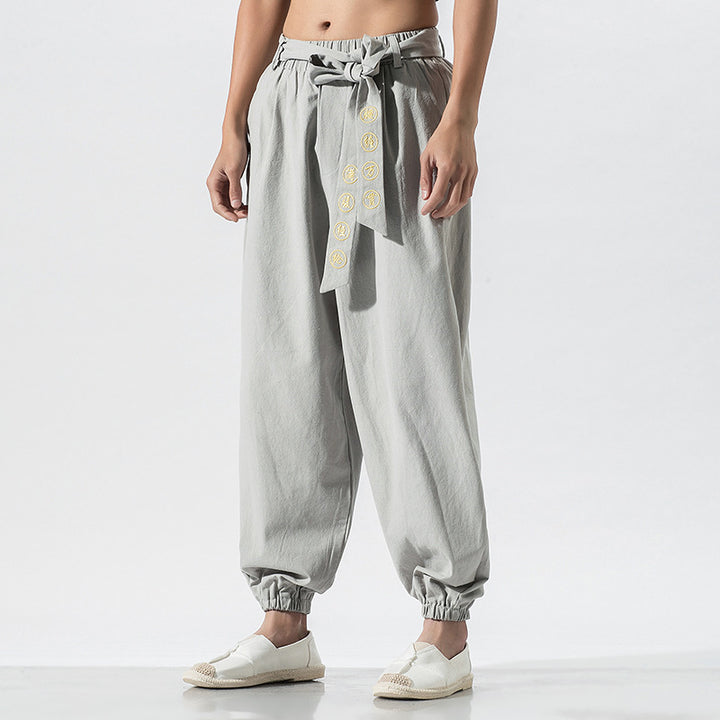 Damen nan weite Leinenhose mit Tunnelzug Bund Bindedetail und elastischen Knöchelabschlüssen Drune