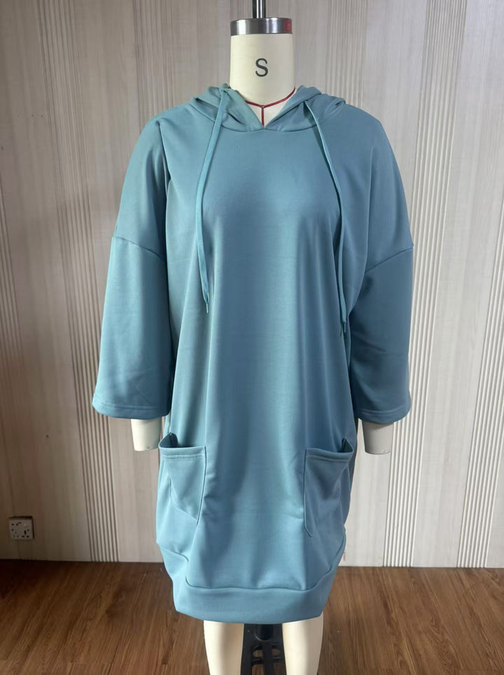 Damen Oversize Hoodie-Kleid mit Kängurutaschen und halblangen Ärmeln Drune