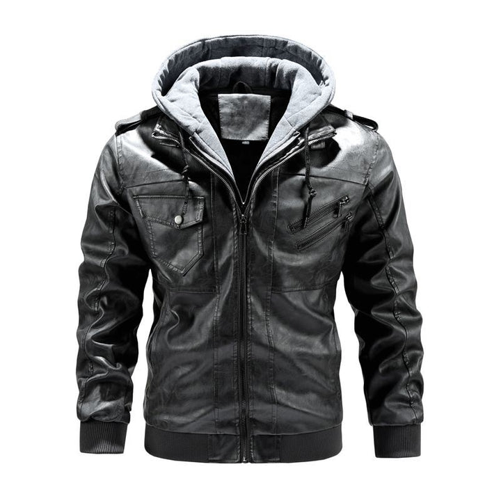 Herren Stylische Kunstlederjacke mit Kapuze Drune