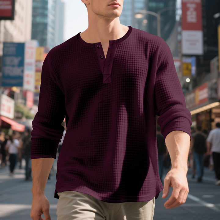 Herren nan Waffelstruktur-Henley-Langarmshirt mit Rundhalsausschnitt, mehrfacher Knopfleiste und entspannter Passform Drune