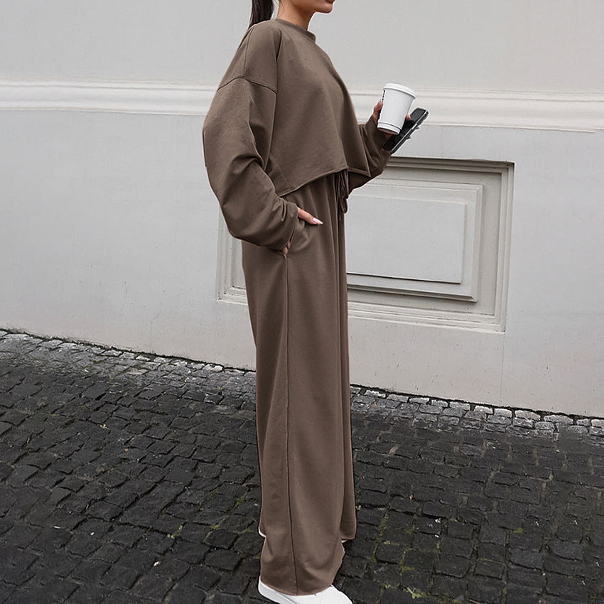 Damen Bequemes Cropped Sweatshirt und Weite Hose Set Drune