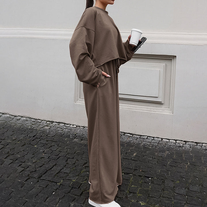 Damen Bequemes Cropped Sweatshirt und Weite Hose Set Drune