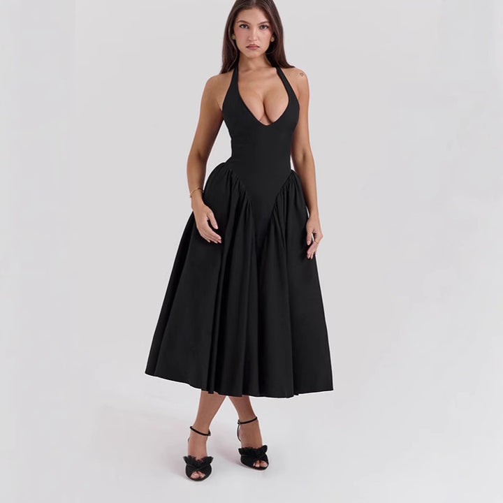 Damen nan figurschmeichelndes Neckholder-Bustier-Midikleid mit taillierter Miederform und weitem Tellerrock Drune