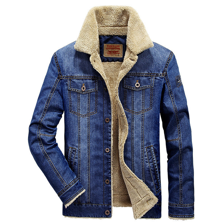 Herren Thermo-Denimjacke im Truckerstil mit vollem Teddyfleece-Innenfutter und hohem Umlegekragen Drune