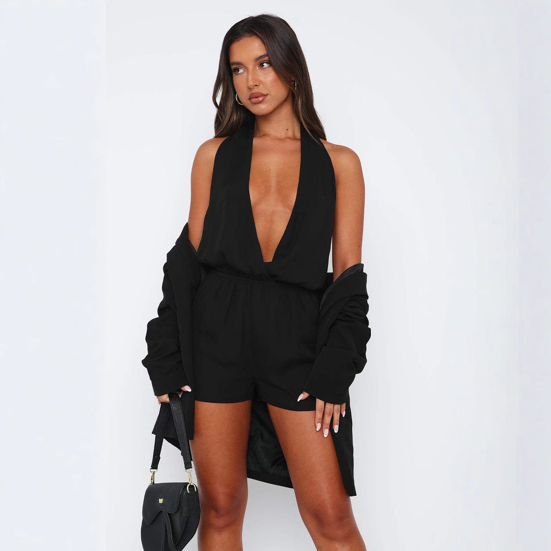 Damen modischer Jumpsuit mit tiefem V-Ausschnitt und elastischem Taillenzug Drune
