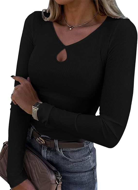 Damen Tailliertes geripptes Langarmshirt mit V-Ausschnitt und Tropfen-Cut-Out Drune