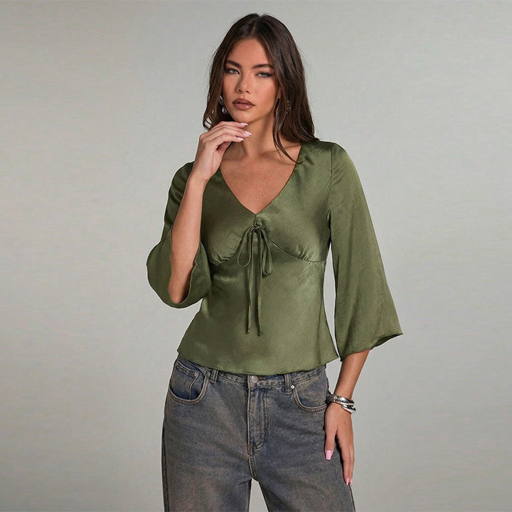 Damen elegantes Oberteil mit tiefem V-Ausschnitt und schmeichelhaften Ärmel Drune