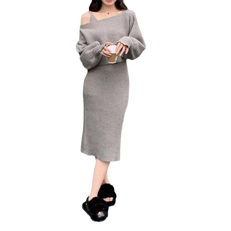Damen Elegantes Strickkleid mit V-Ausschnitt und passendem Cardigan Drune