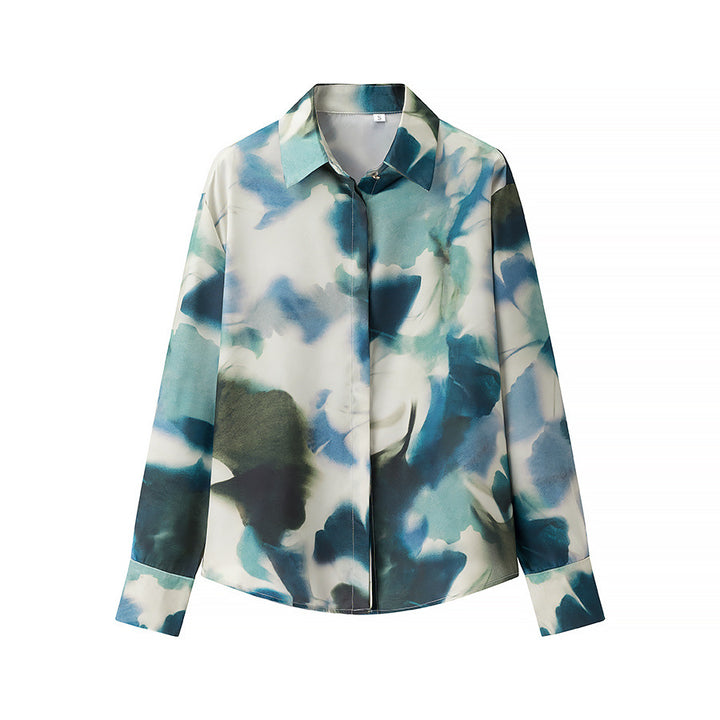 Damen nan seidige Langarm-Bluse mit verdeckter Knopfleiste, Hemdkragen und abstraktem Aquarellprint Drune