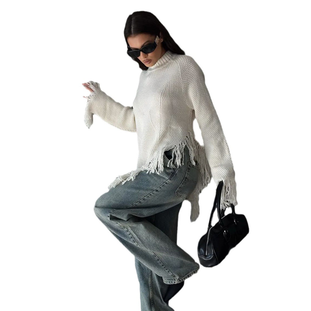 Damen Grob gestrickter Pullover mit Fransen Drune