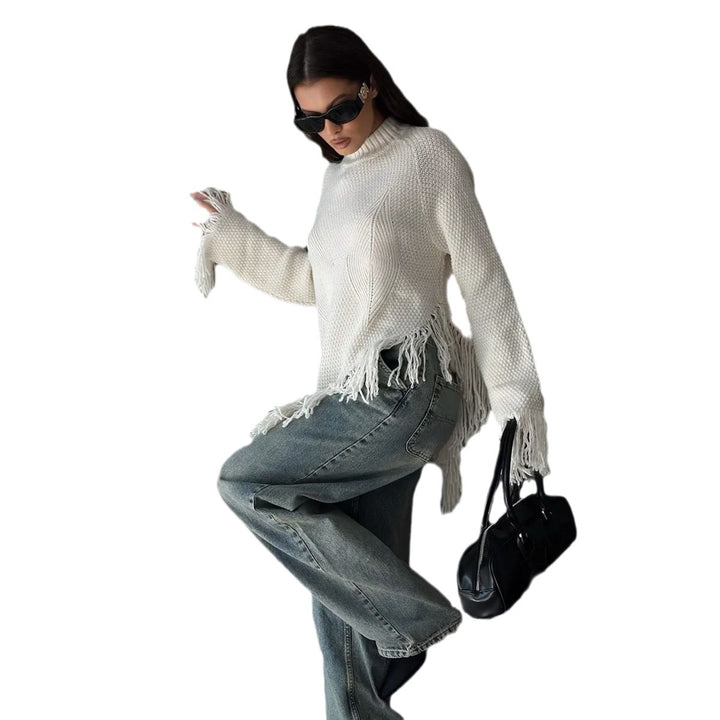 Damen Grob gestrickter Pullover mit Fransen Drune