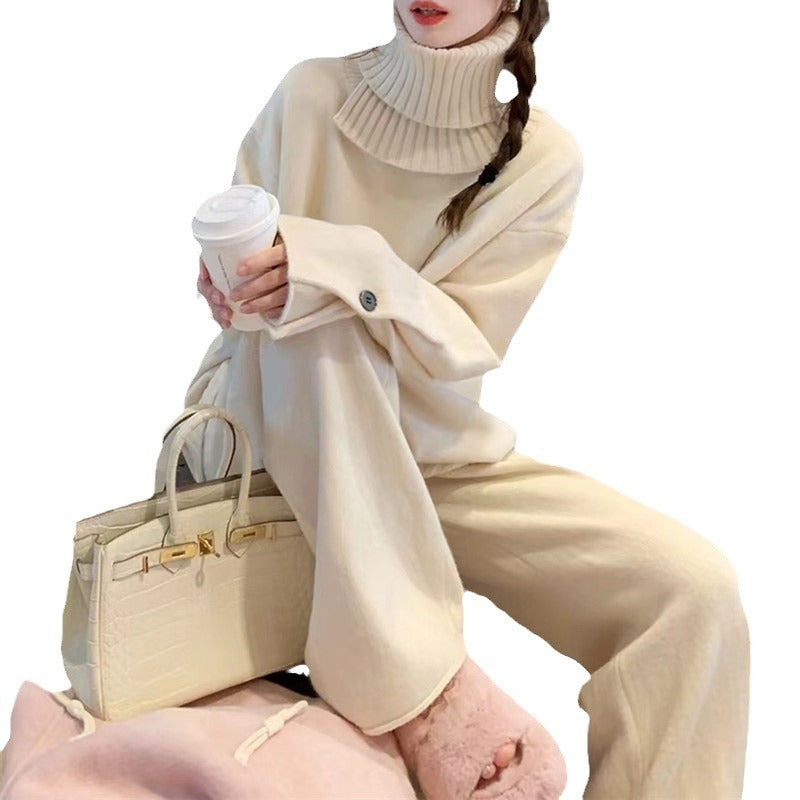 Damen gemütlicher Strickpullover mit hohem Kragen und Schulterdetails Drune