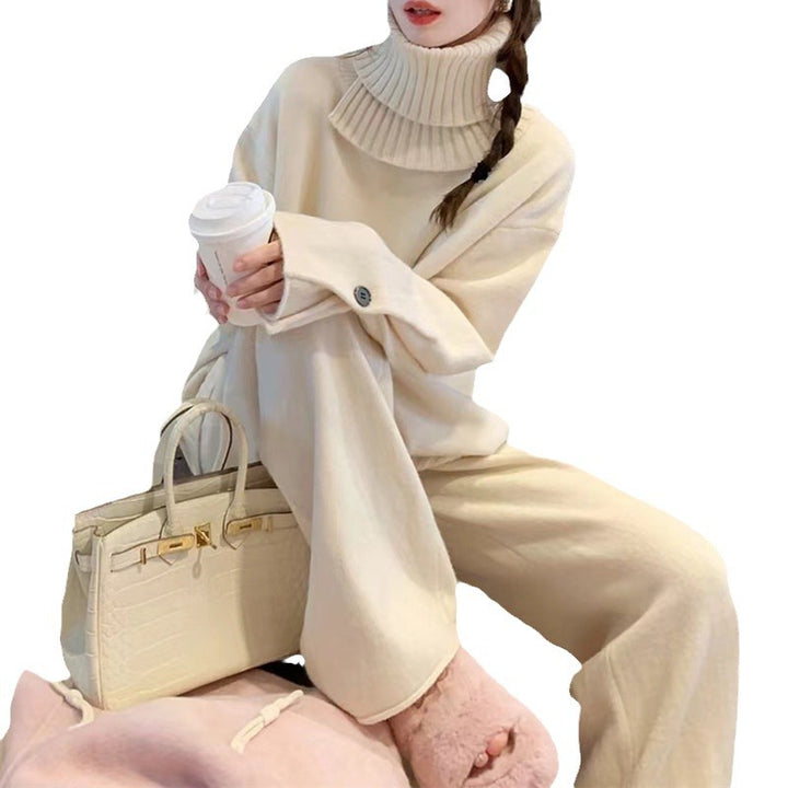 Damen gemütlicher Strickpullover mit hohem Kragen und Schulterdetails Drune