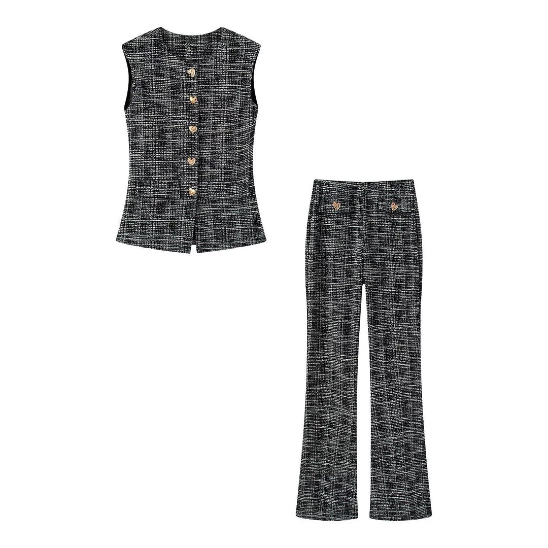 Damen elegante Karohose mit schmalem Schnitt und dekorativen Knöpfen Drune