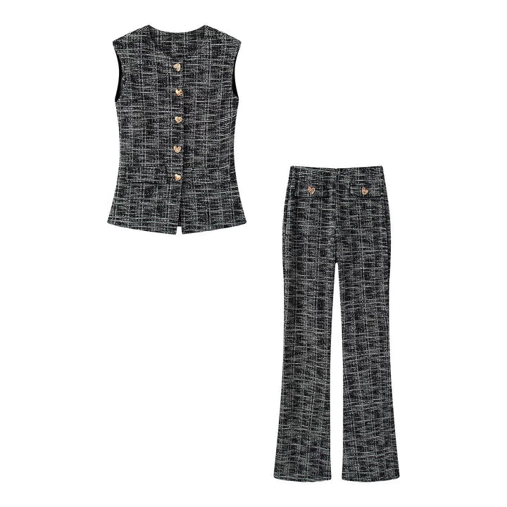 Damen elegante Karohose mit schmalem Schnitt und dekorativen Knöpfen Drune