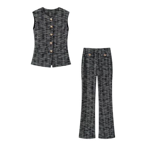 Damen elegante Karohose mit schmalem Schnitt und dekorativen Knöpfen Drune