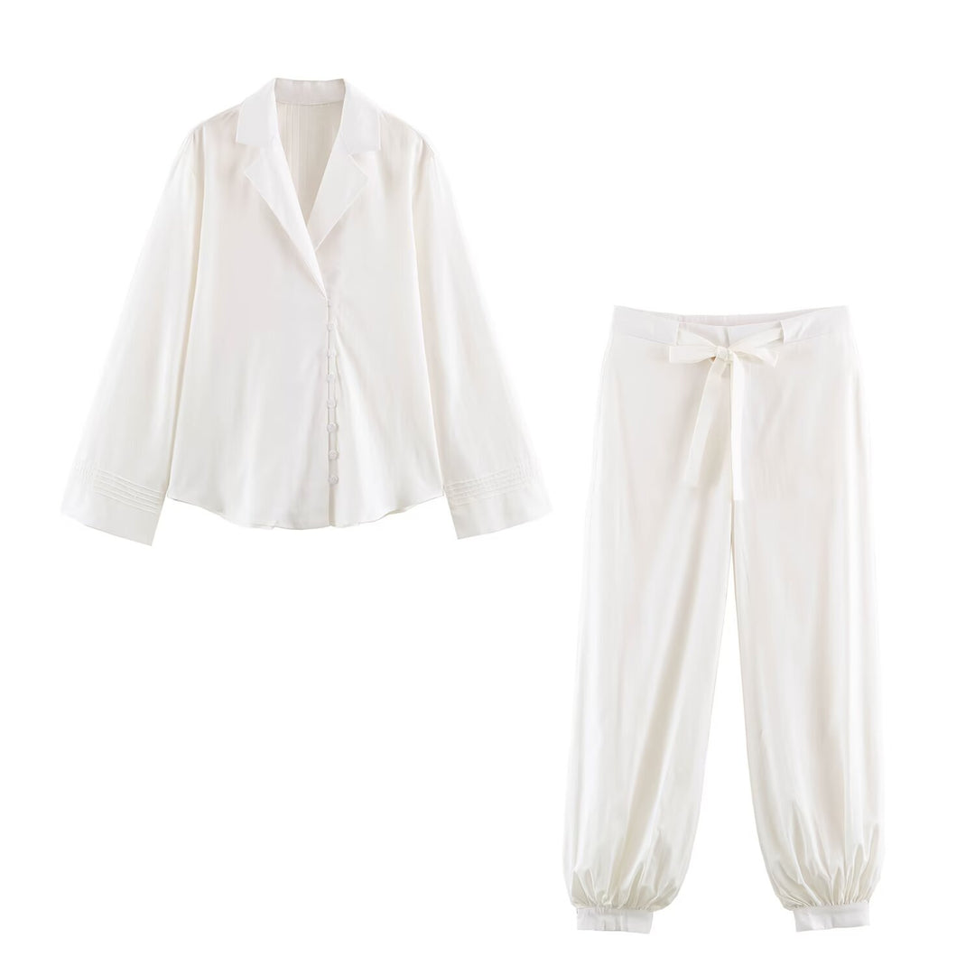 Damen Zweiteiler Lounge-Set aus fließender Satin-Optik mit Hemdbluse und hochtaillierter Kordelhose Drune