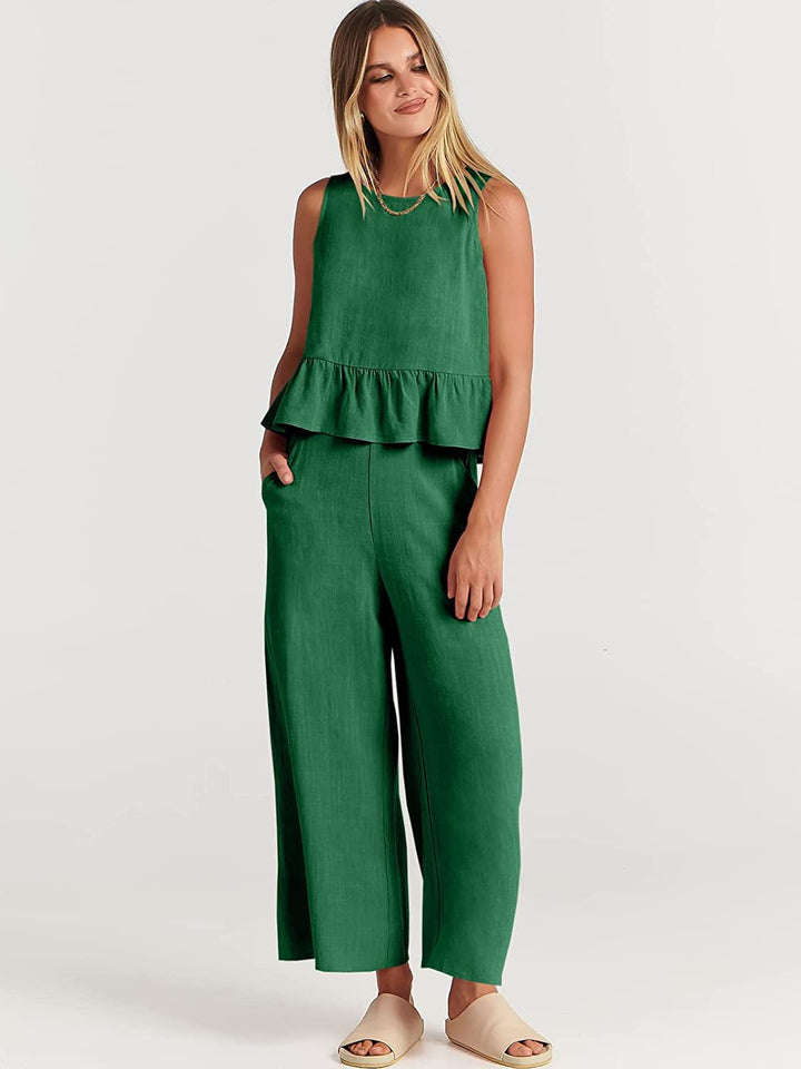 Damen Zweiteiler-Set mit schickem Peplum-Oberteil und weit geschnittenen Hosen Drune