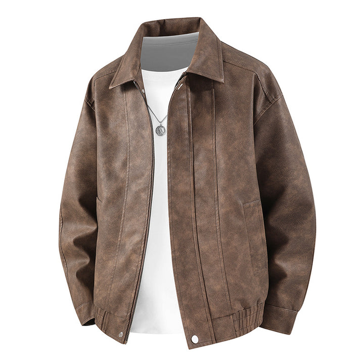 Männer's  distressed Kunstleder Zip-Vorderseite Kragenjacke mit elastischem Saum und gefütterten Taschen Drune