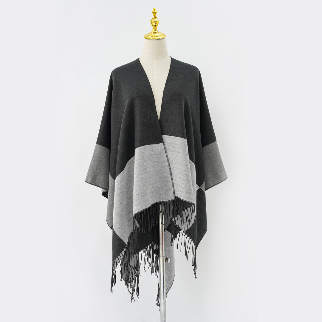 Damen Oversize-Ruana aus Wollmix mit Farbblock‑Design und Fransen Drune