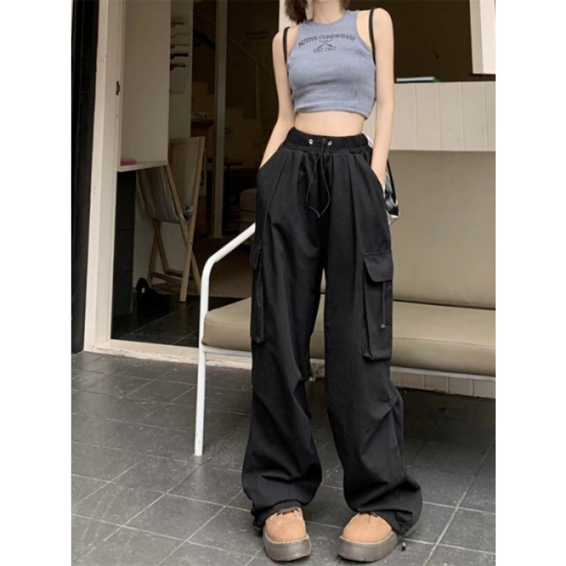 Damen nan Cargo-Hose mit hoher Taille, Elastikbund, großen Klappentaschen und Kordelzug Drune