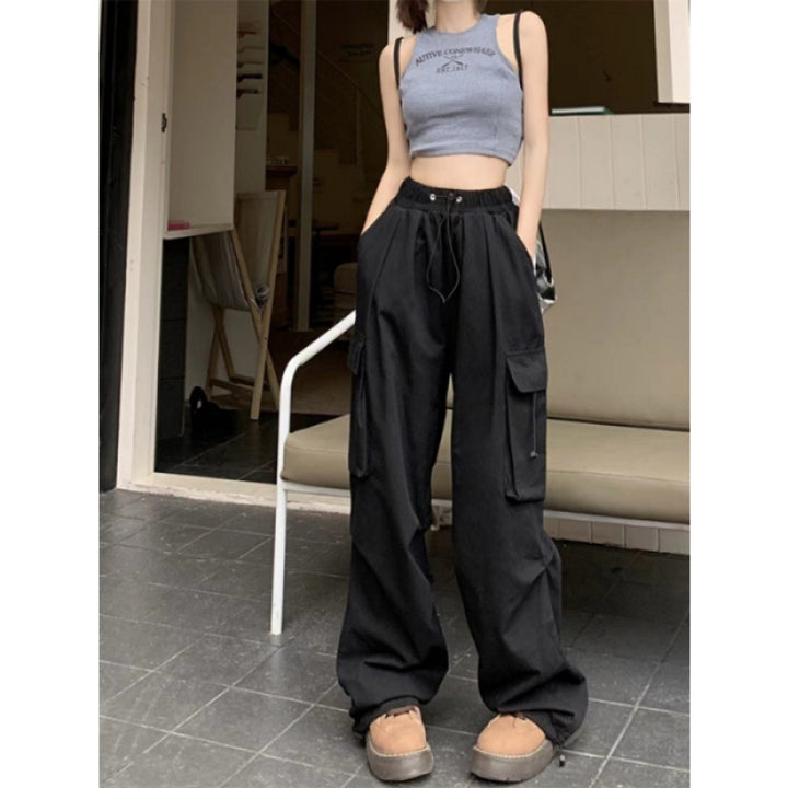 Damen nan Cargo-Hose mit hoher Taille, Elastikbund, großen Klappentaschen und Kordelzug Drune