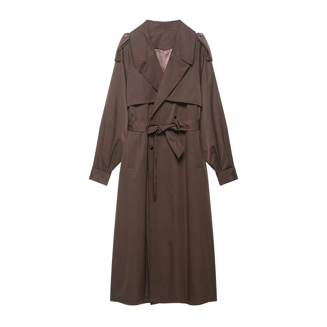 Damen Trenchcoat mit Taillengürtel, Schulterklappen und weitem Wasserfall-Revers Drune