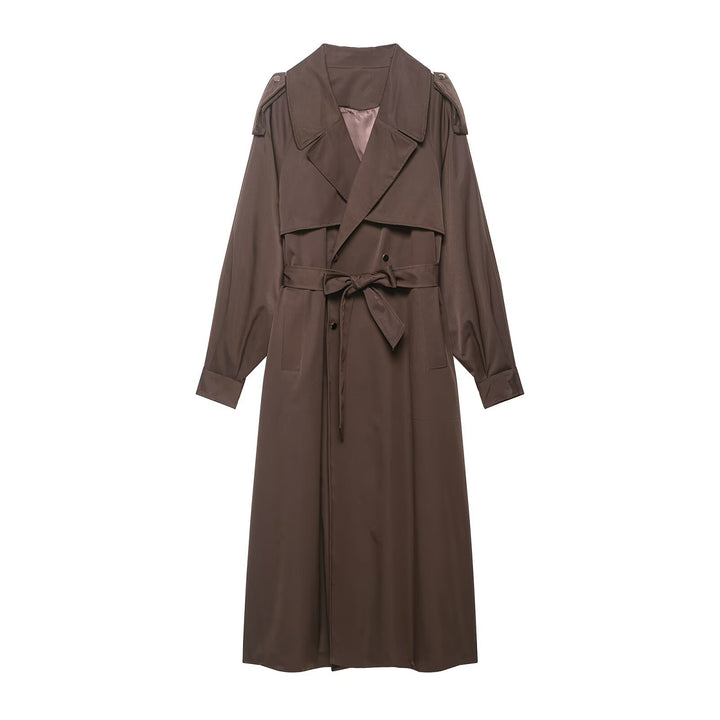 Damen Trenchcoat mit Taillengürtel, Schulterklappen und weitem Wasserfall-Revers Drune