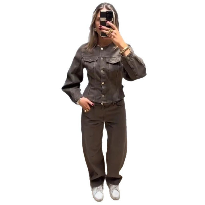 Damen Modische Jeansjacke mit Puffärmeln und dekorativen Knöpfen Drune