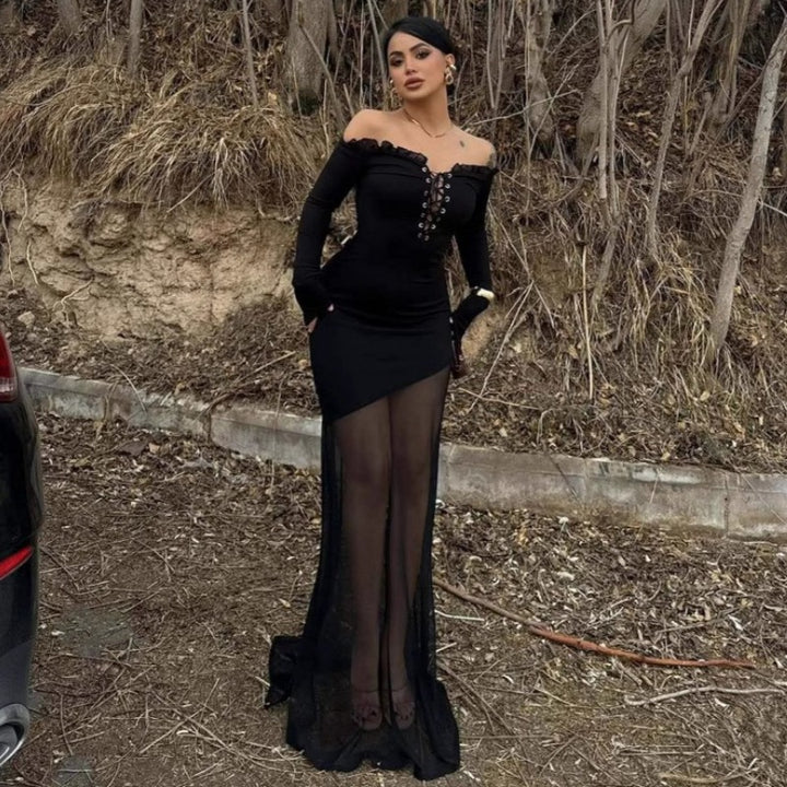 Damen figurbetontes Maxikleid mit Off-Shoulder Design und transparentem Rock Drune