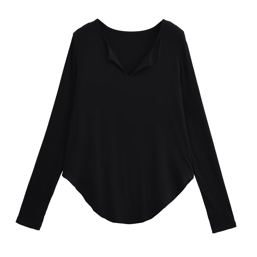 Damen lässiges Longsleeve-Oberteil mit V-Ausschnitt und geschwungenem Saum Drune