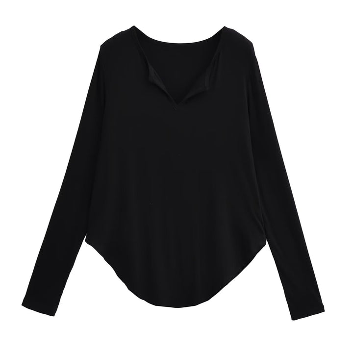 Damen lässiges Longsleeve-Oberteil mit V-Ausschnitt und geschwungenem Saum Drune