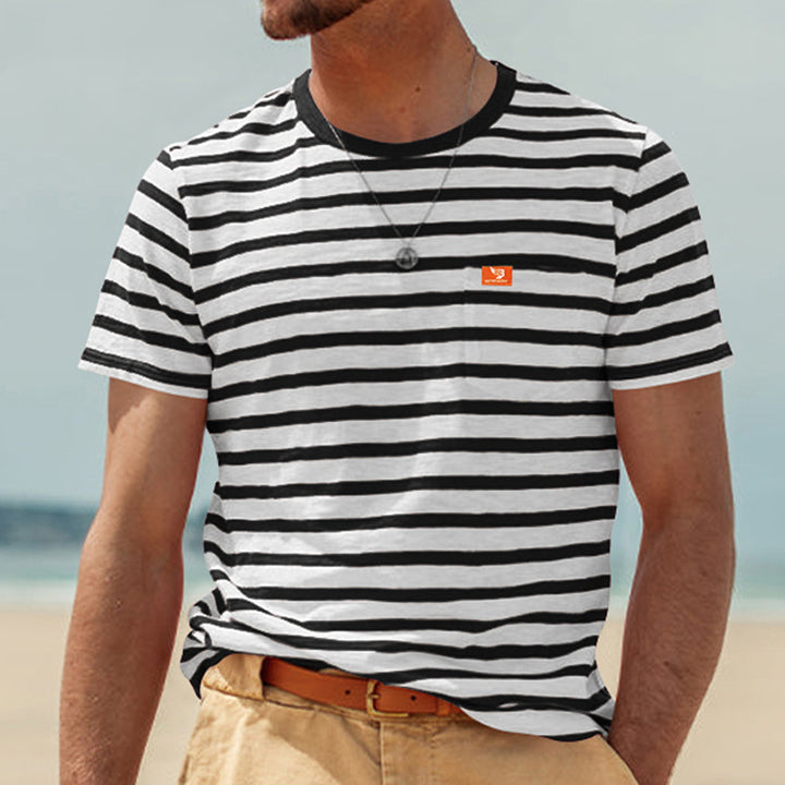Herren nan gestreiftes Kurzarm-T-Shirt aus Baumwolljersey mit Brusttasche und kontrastiertem Rundhalsausschnitt Drune