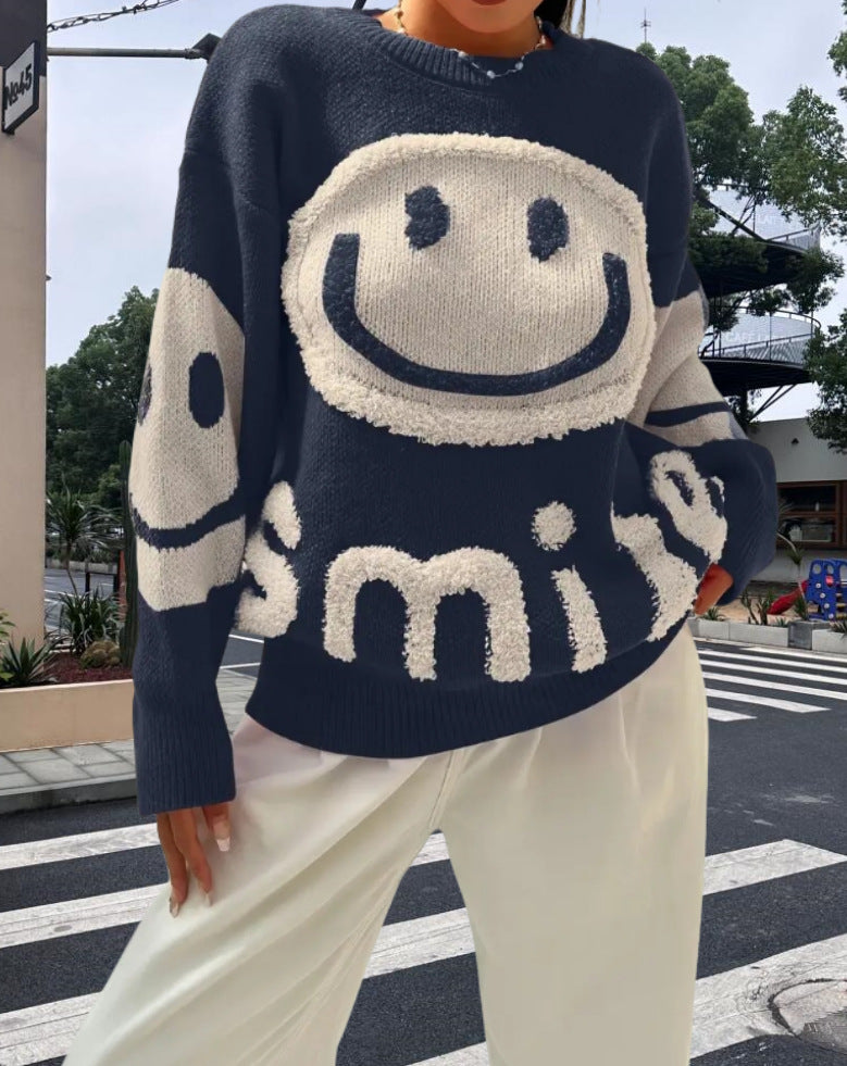 Damen Strickpullover mit fröhlichem Emoji-Motiv und komfortablem Schnitt Drune