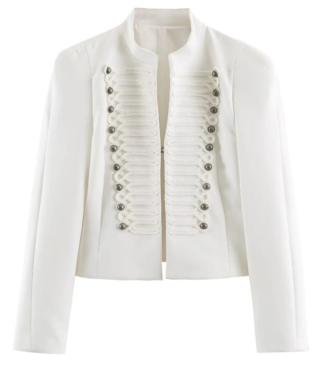 Damen Taillierter Cropped‑Blazer mit militärischer Galonverzierung und Stehkragen Drune